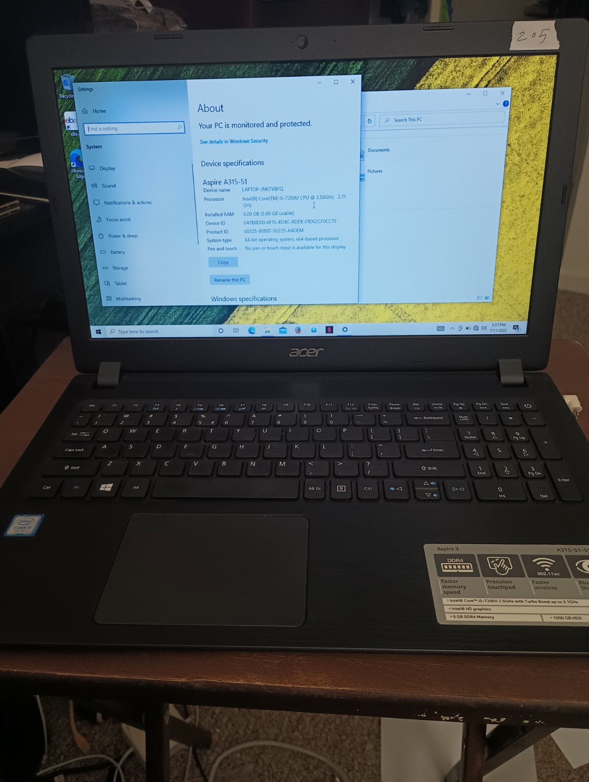 Acer Aspire 3 A315-51 15.6″ HD Laptop (Intel Core i5-7gen 2.5GHz, 6GB Ram, 1tb