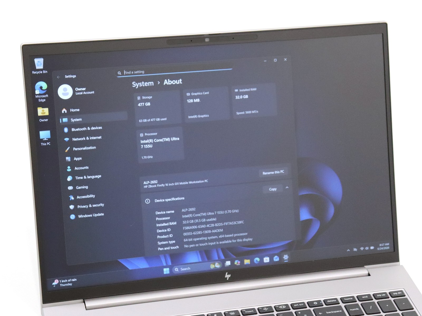 HP ZBook Firefly G11 16.0″ FHD+ Ultra 7 155U 32GB RAM 512GB NVMe W11P