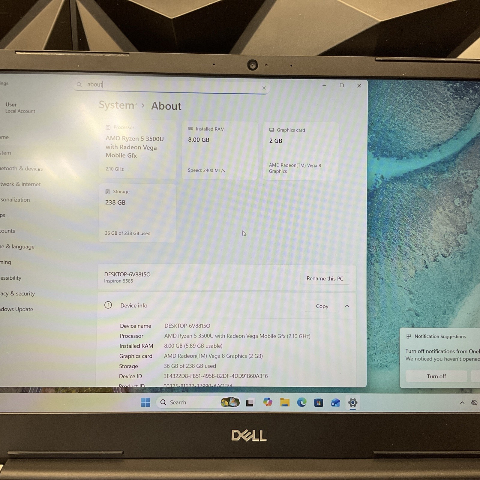 Dell Inspiron 5585 / Ryzen 5 3500U / 8GB RAM / 256GB SSD / Windows 11 Pro / C20
