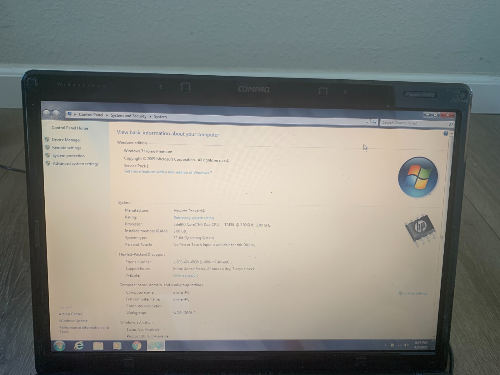 Compaq Presario V6000 15.4″ Intel Core Duo T2450 2.00Ghz 2GB RAM 120GB HDD Win 7