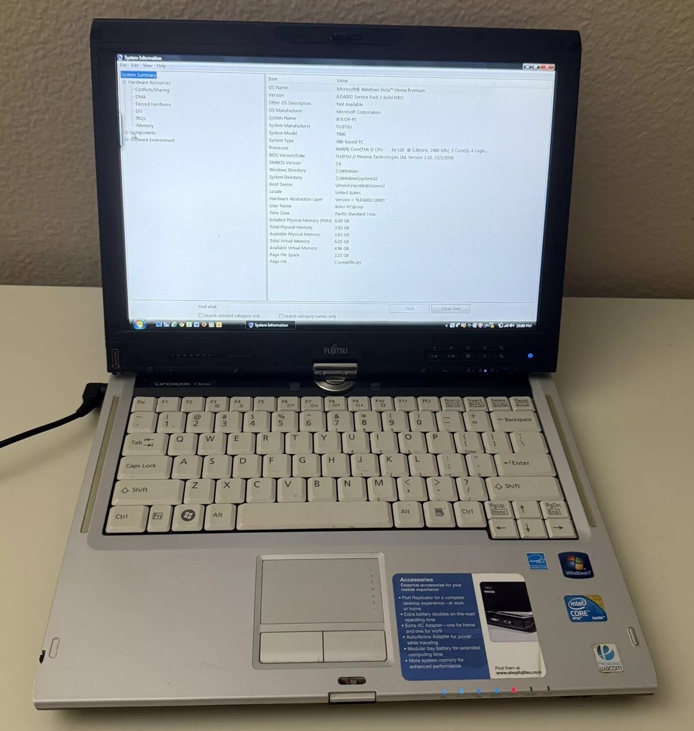 Fujitsu Lifebook T900, Intel core i5-M520 @2.40GHz, 6GB Ram Windows Vista