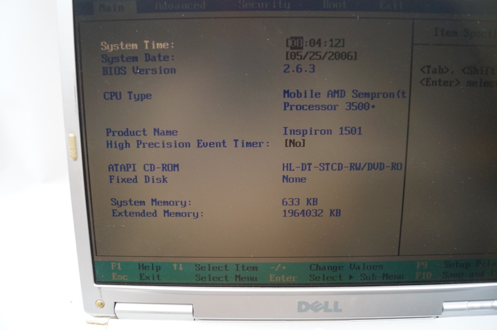 Dell Inspiron 1501- PP23LA 15.5″ 633 KB Mem AMD Sempron No HD WORKING PoR D152