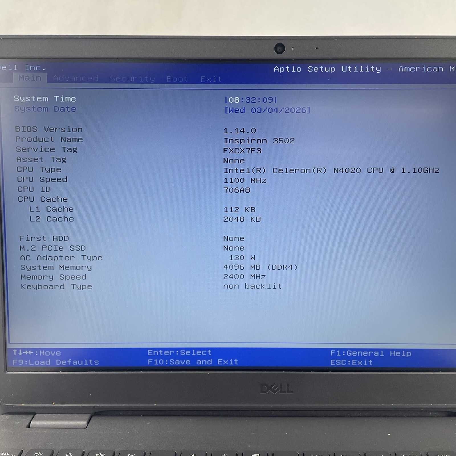 Dell Inpiron 3502 15.6″ Celeron N4020 1.10 GHz 4 GB RAM No SSD No OS No Batt