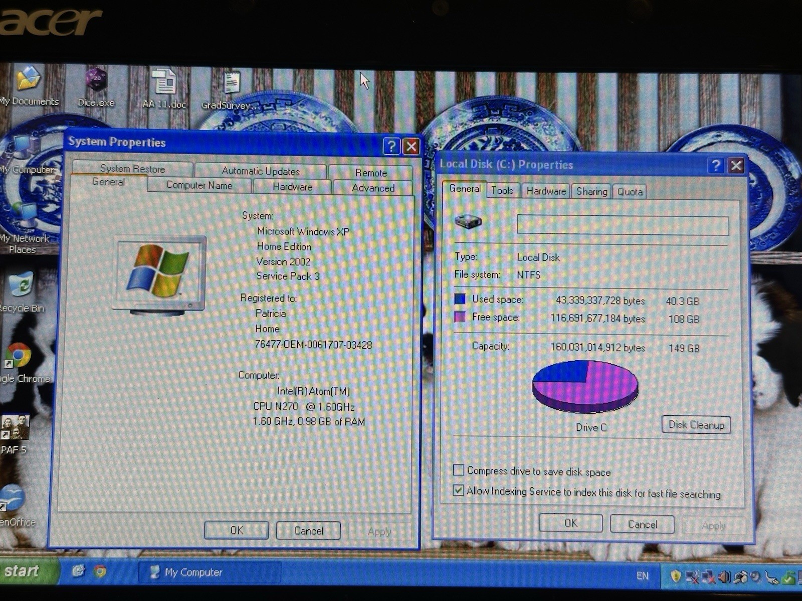 Acer Aspire One ZG5 Netbook 9” Intel Atom 1.6GHz 1GB Windows XP Bad Battery READ