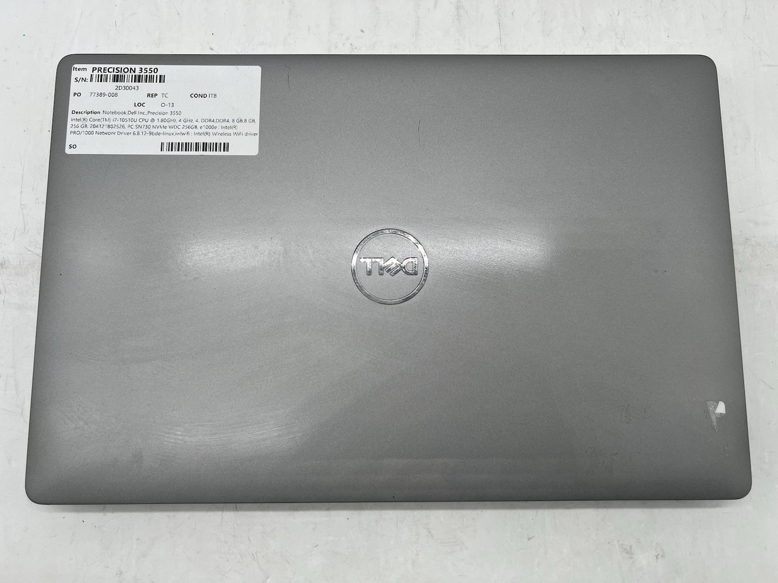 Dell Precision 3550, i7-10510U CPU, @1.80GHz, 16GB RAM, 256GB NVMe-No OS/Charger
