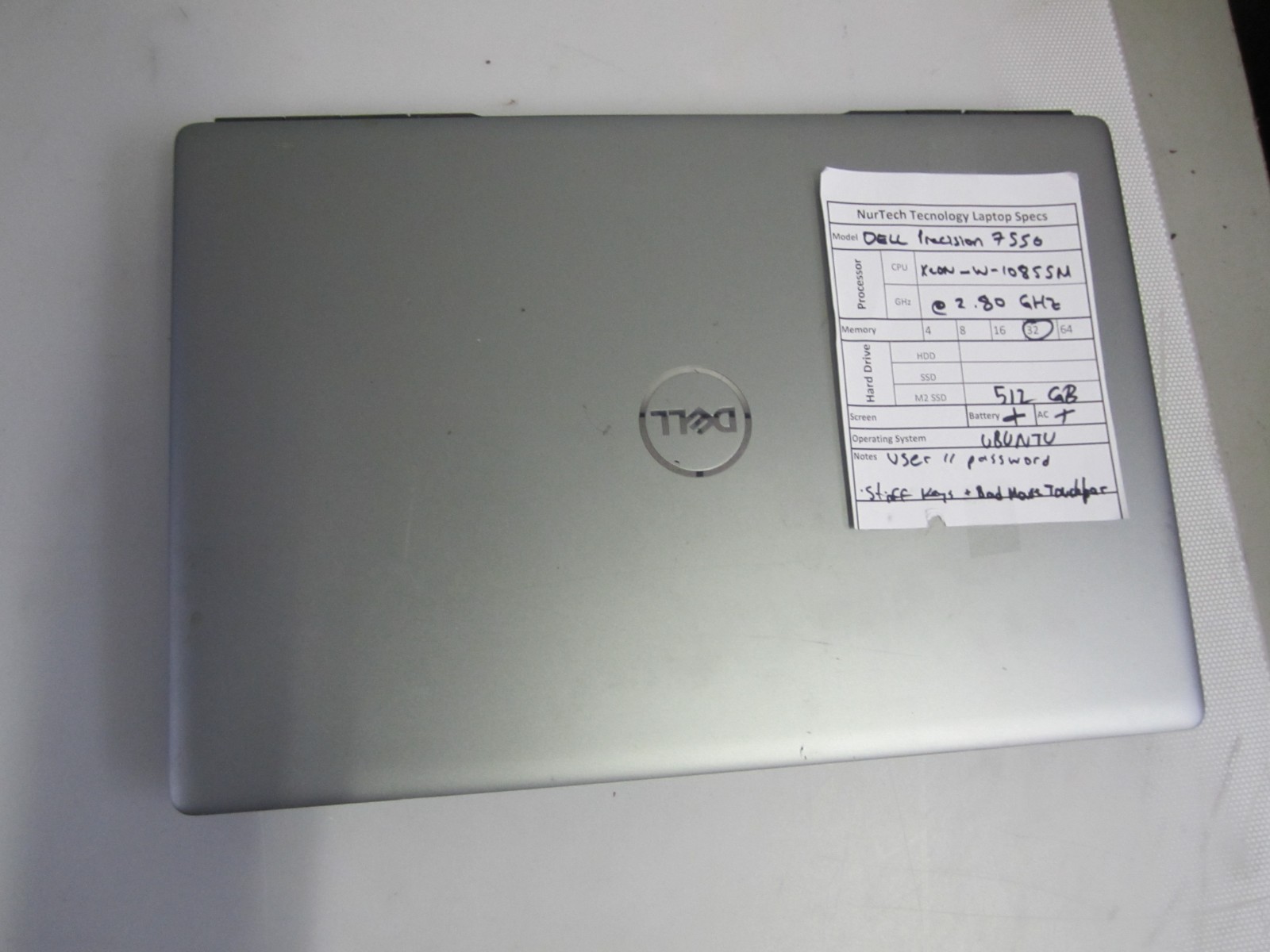 Dell Precision 7550 Xeon W-10855M 2.80GHz 32GB 512GB M2SSD Ubuntu Laptop +AC REA