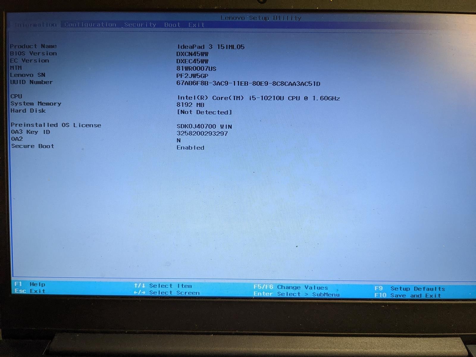 LENOVO IDEAPAD 3-15IML05 i5-10210U @ 1.60GHz, 8GB RAM, NO HDD/OS