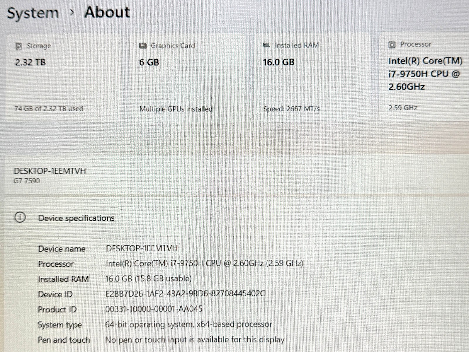 Dell G7 7590 15.6″ 2.6GHz Core i7-9750H 16GB RAM 500GB 2TB SSD GeForce RTX 2060