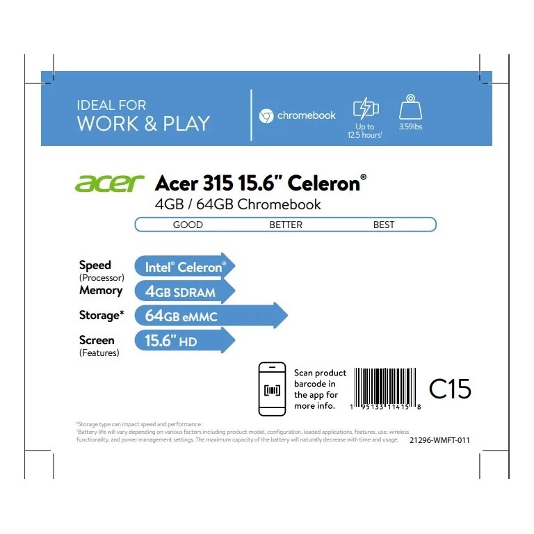 Acer Chromebook 315, 15.6″ HD, Intel Celeron N4000, 4GB LPDDR4, Pure Silver, Chr