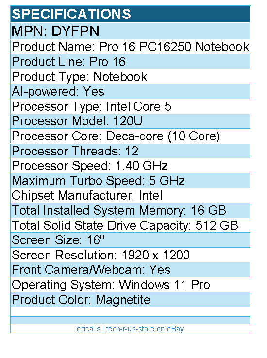 Dell DYFPN Pro 16 PC16250 16″ Notebook – Full HD Plus – 60 Hz – Intel Core 5