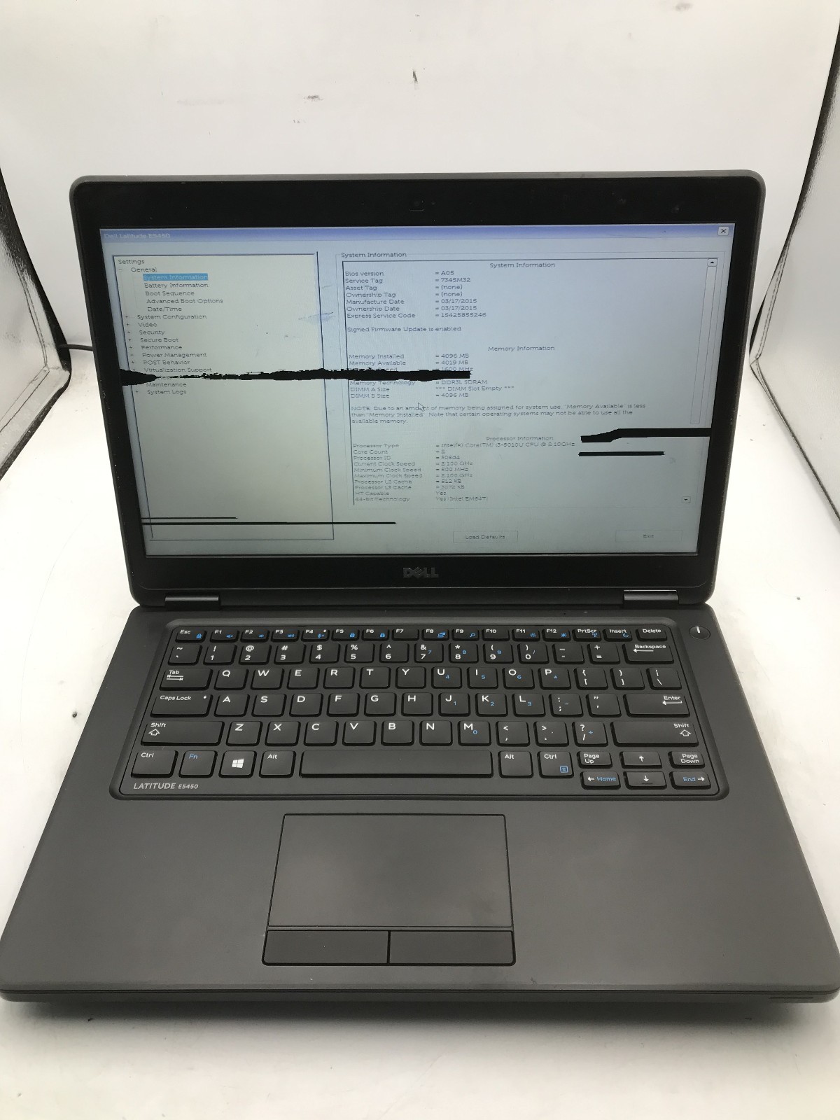 DELL LATITUDE E5450 – BOOTS TO BIOS – INTEL I3 5010U – NO RAM – BAD LCD -READ-BB