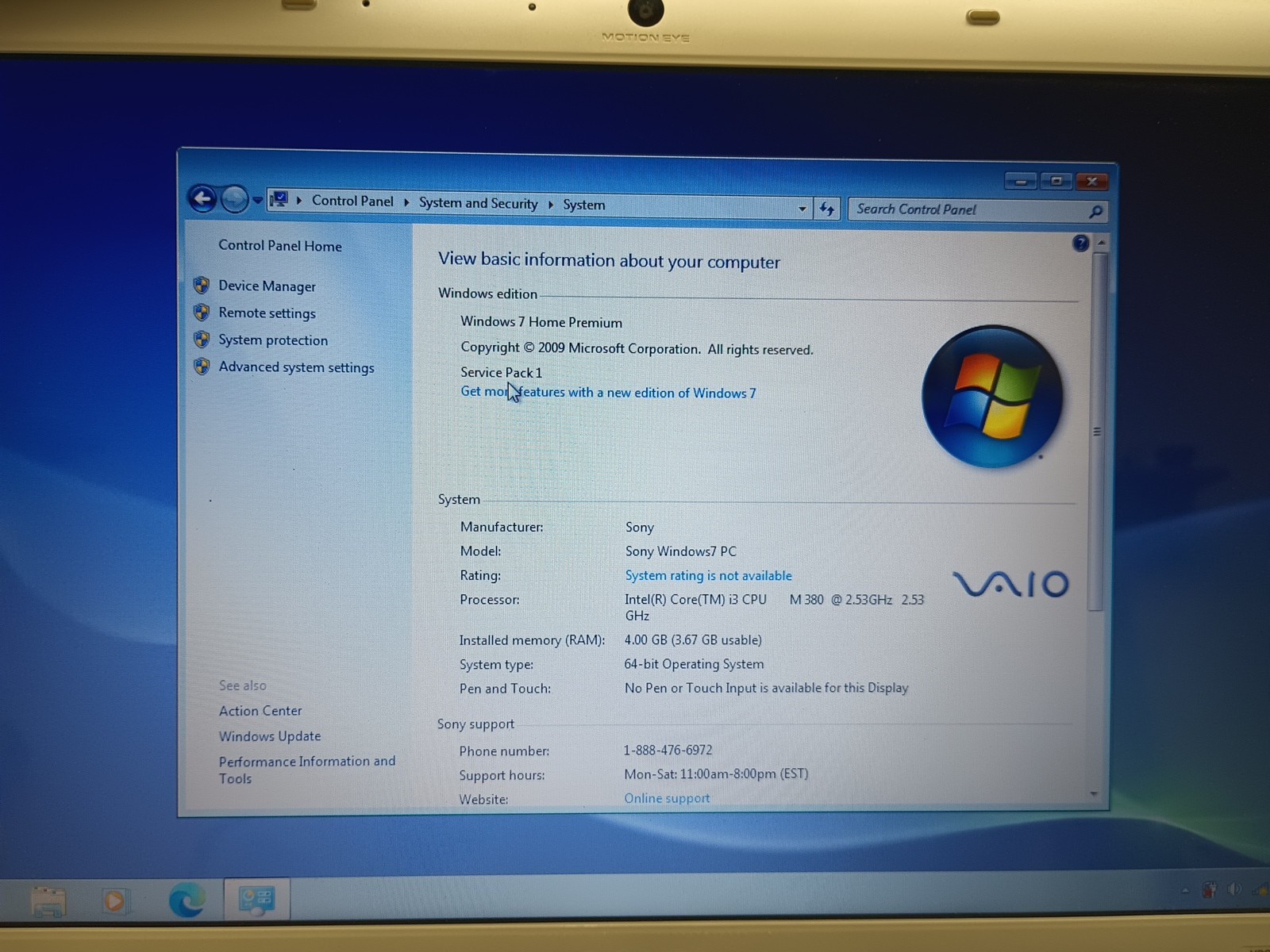 Sony Vaio VPCEB45FX Intel Core i3-380M 2.53GHz 4 GB 320Gb HDD Windows 7