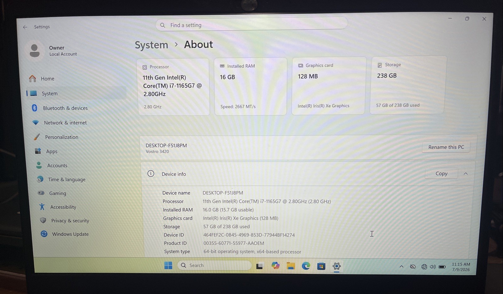 Dell Vostro 3420 14″ i7-1165G7@2.80GHz, 16GB RAM, 256 GB M.2, Win 11 Pro *READ