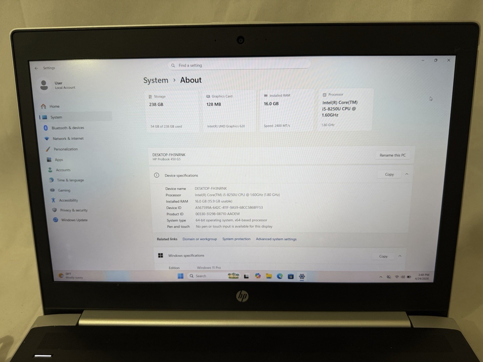 HP ProBook 450 G5 15.6” (i5-8250U, 1.6 GHz, 16GB RAM, 256GB NVMe SSD) Win11Pro