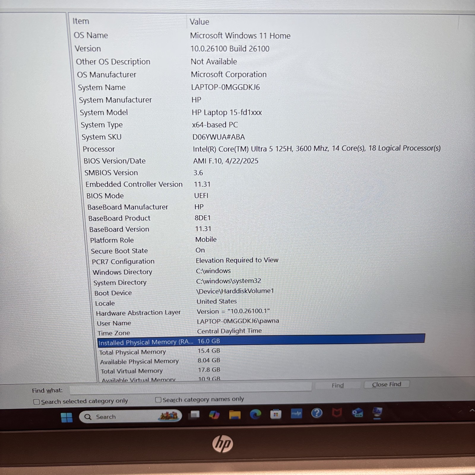 HP 15-fd1095cl Win 11 Intel Core Ultra 5 125H 3.6GHz 16GB RAM 1TB SSD 15.6″