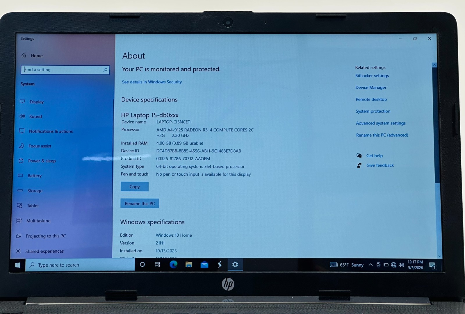 HP 15-DB0043NR AMD A4-9125 2300MHz 4 GB