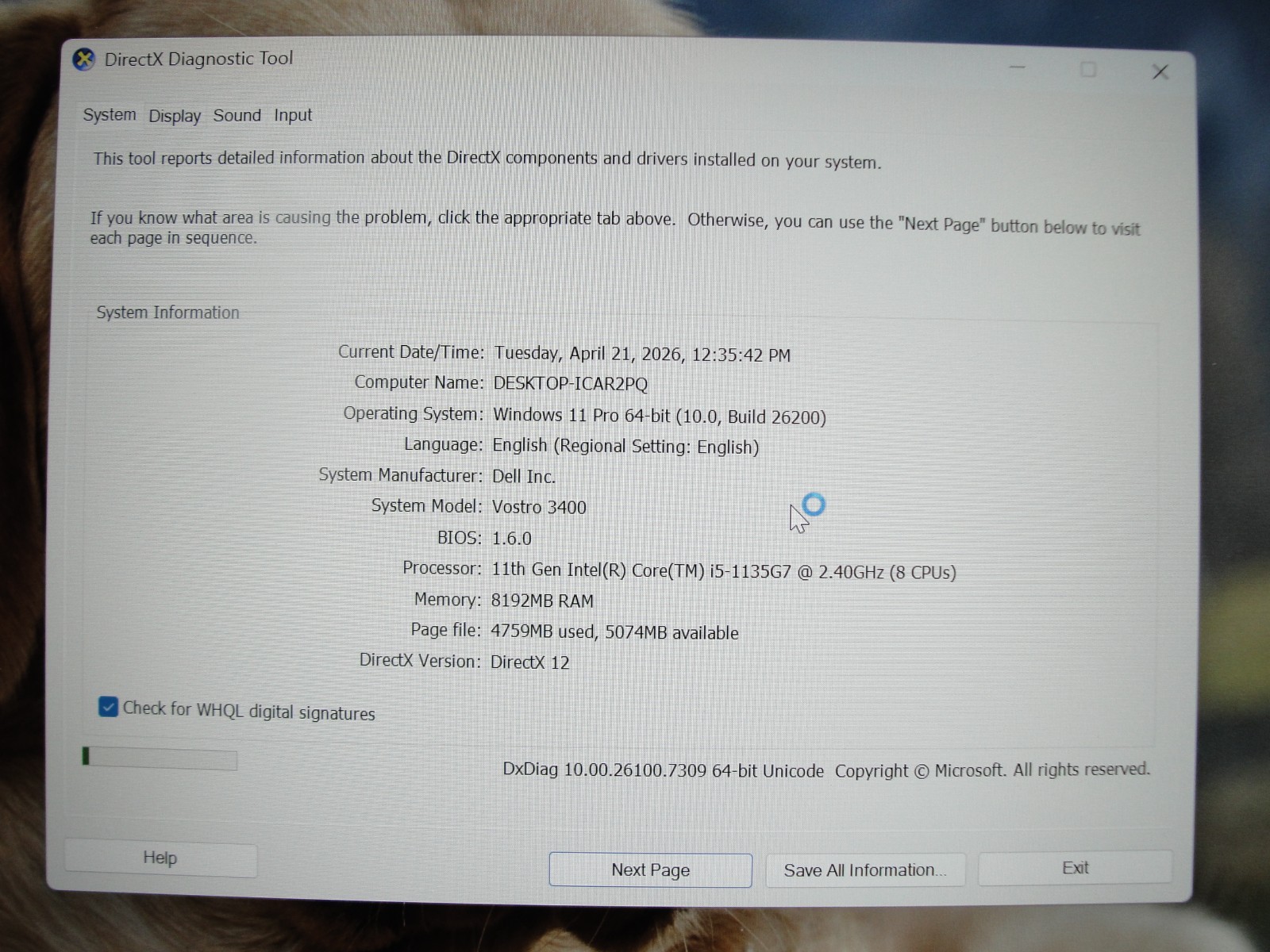 Dell Vostro 3400 14″ FHD Intel Core i5-1135G7 2.4GHz 8GB RAM 1TB HDD +PA