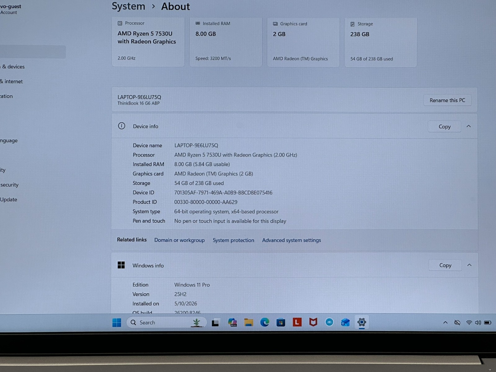 Lenovo ThinkBook 16 G6 ABP Laptop- 8GB RAM, 256GB SSD, AMD Ryzen 7530U #6