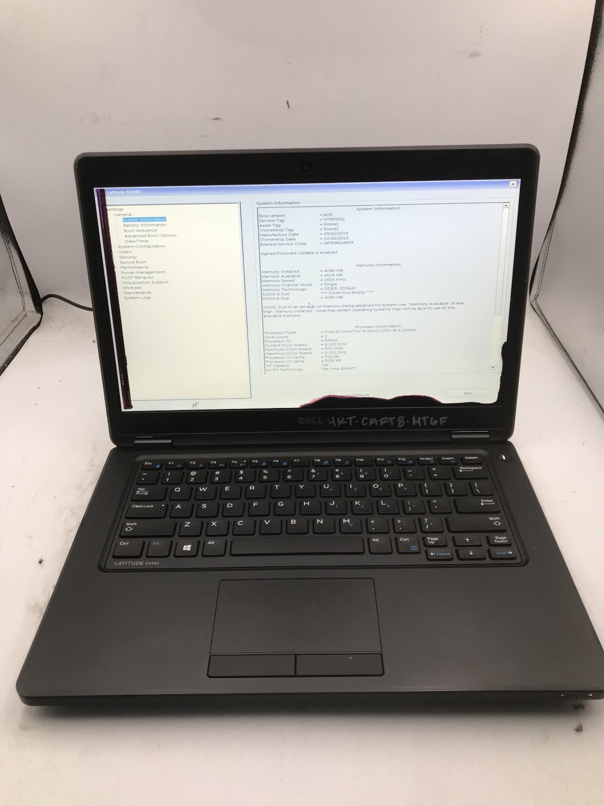 DELL LATITUDE E5450 – BOOTS TO BIOS/BAD LCD – INTEL I3 5010U – NO RAM – READ -BB