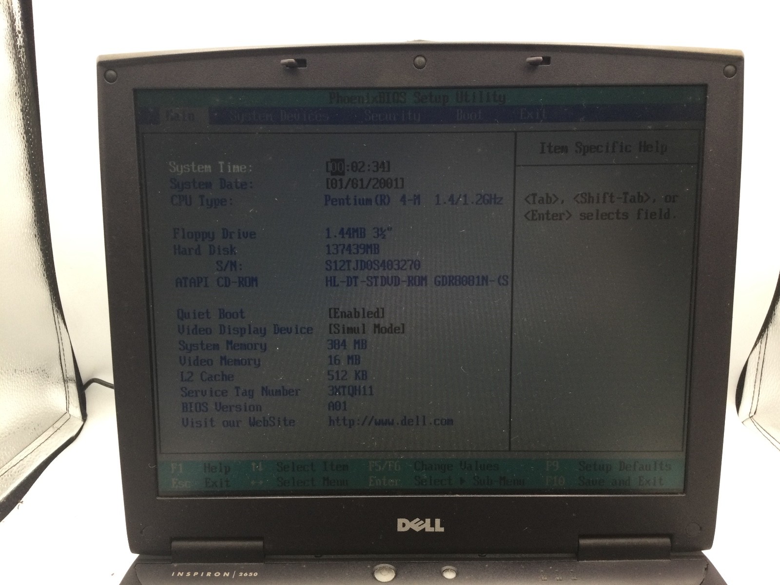 DELL INSPIRON 2650 – BOOTS TO BIOS – INTEL PENTIUM 4M – 256MB RAM – READ DESC-BB