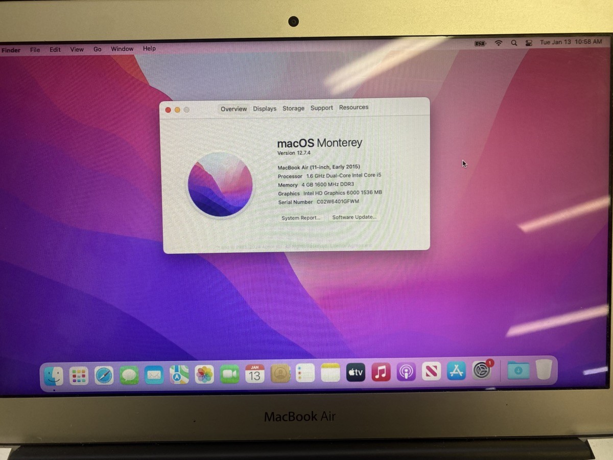 APPLE MACBOOK AIR A1465 2015 MODEL 1.6GHZ INTEL CORE i5 W/4GB MEM. (CJL006582)