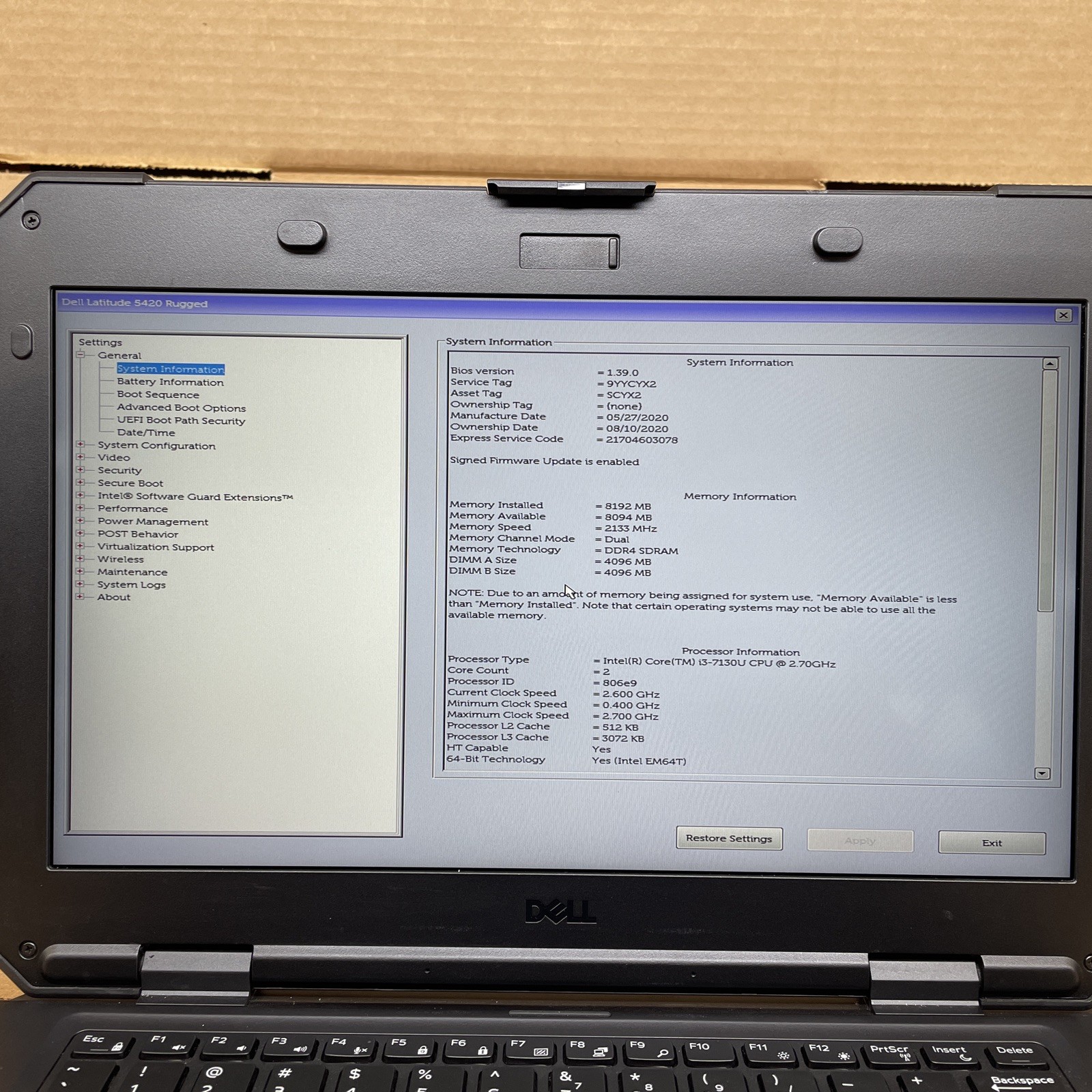 Dell Latitude 5420 Rugged, Intel Core i3-7130U @ 2.70GHz 8GB RAM NO SSD NO OS