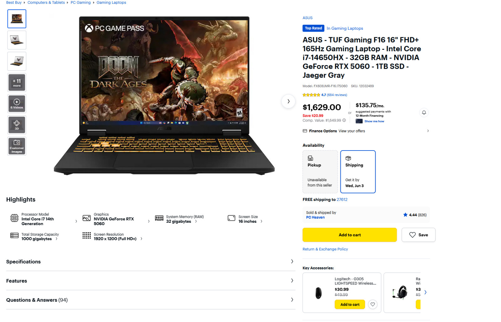 ASUS TUF Gaming F16 16″ 165Hz i7-14650HX 32GB RTX 5060 1TB SSD