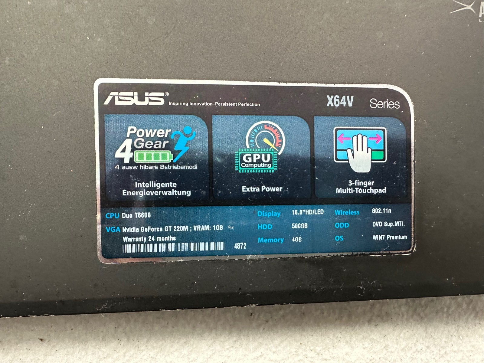 ASUS X64V NOTEBOOK LAPTOP, Intel T6600 2.20GHz, No HDD, 4GB RAM, Used