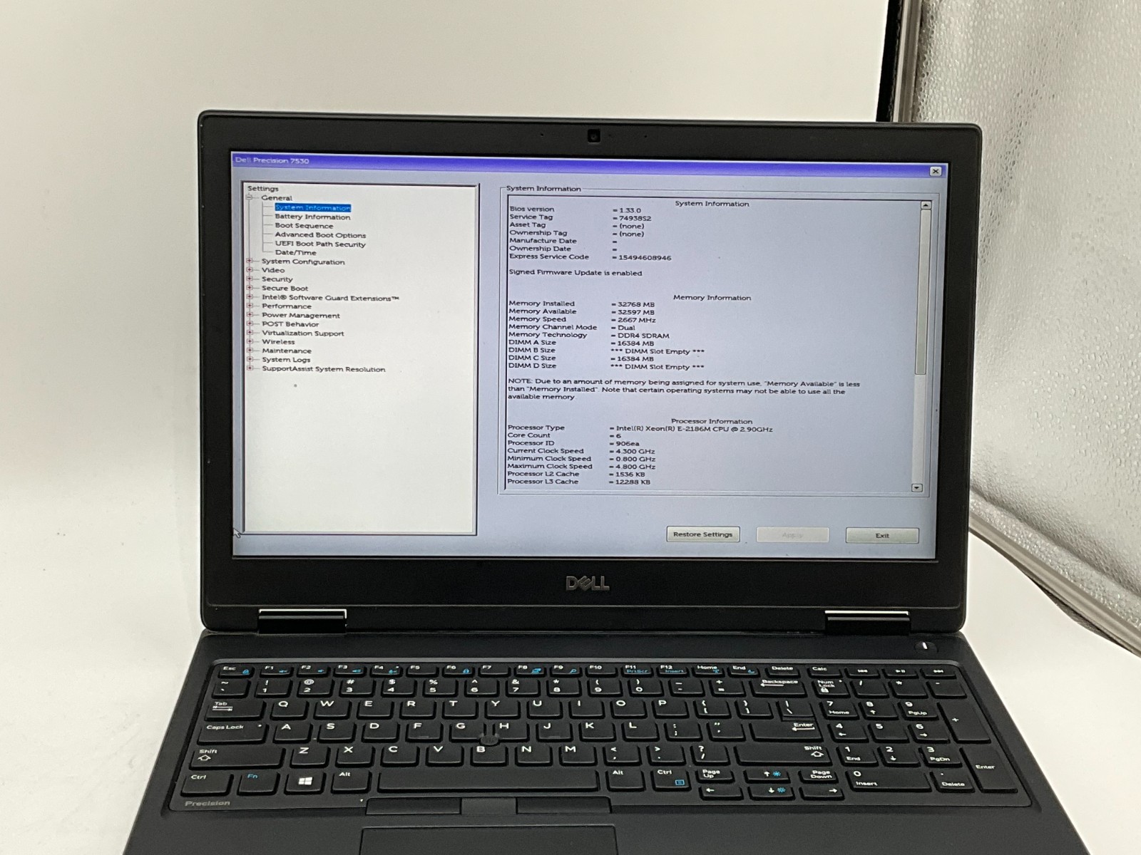 DELL Precision 7530 Xeon(R) E-2186M 32GB 1tb p3200 15.6″ LAPTOP 74938S2