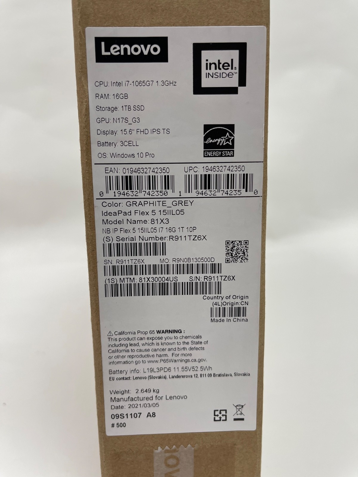 Lenovo IdeaPad Flex 5 15IIL05 Gray i7-1065G7 1.3GHz 16GB 1TB 15.6″ Touch SEALED