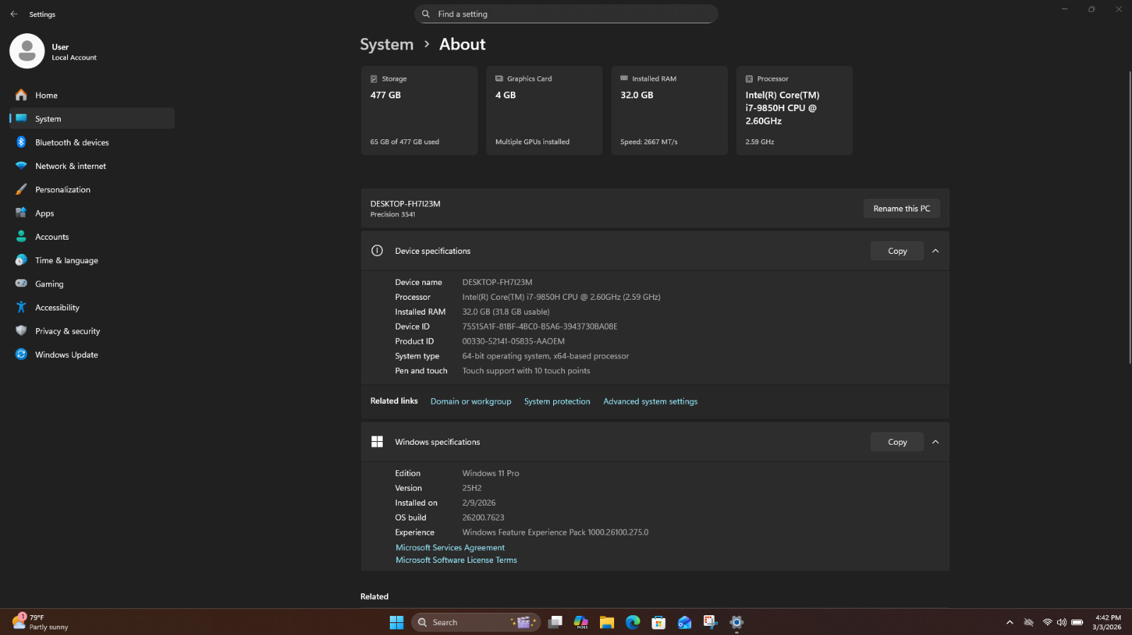 Dell Precision 3541 Mobile Workstation Intel(R) Core(TM)i7-9850H CPU @2.6 GHz 40