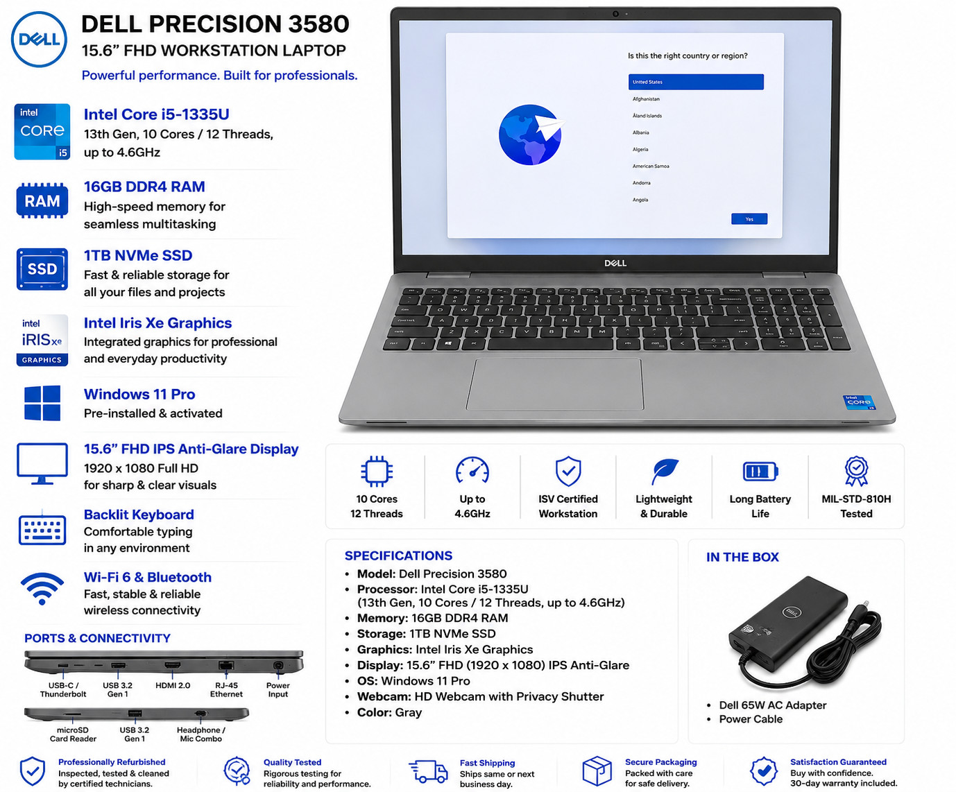 Dell Precision 3580 15.6” FHD Workstation Intel i5-1335U 16GB RAM 1TB Win 11 Pro