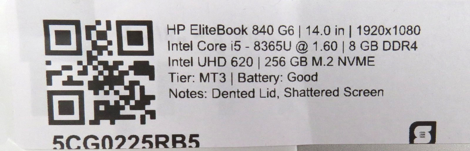 HP EliteBook 840 G6 _ i5-8365U _ 8GB RAM _ 256GB SSD _ No OS / AC *READ