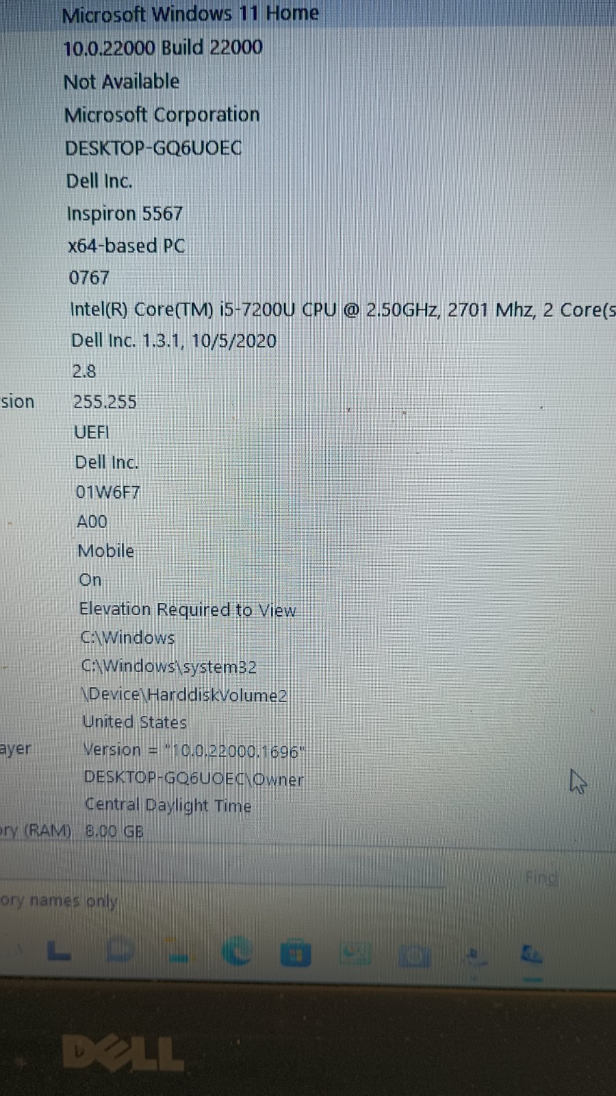9292 Inspiron5567 w/charger.i5-7200U.8GB.160GB SSD.Optical.15.6″.W11 Home.Read!!