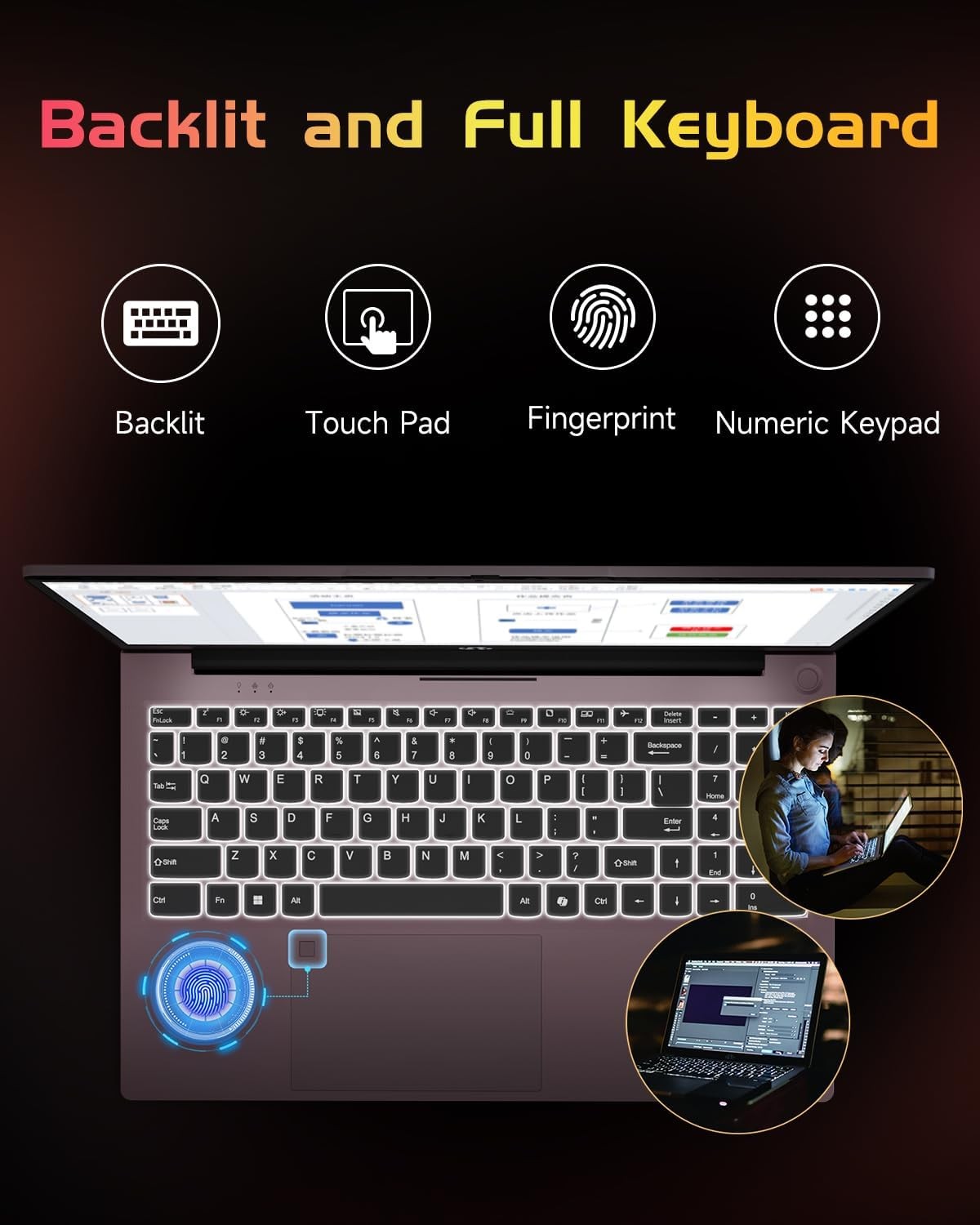 NIMO 15.6” FHD Laptop 8GB RAM 256GB SSD Intel Quad-Core N100 Backlit Keyboard