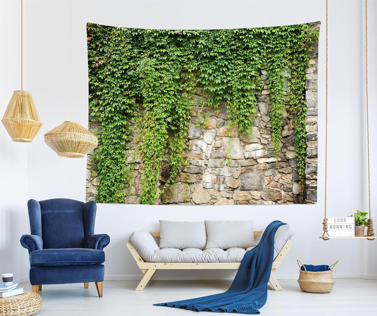 15X10Ft Fabric Green Leaves Wall Backdrop Old Stone Wall with Green Leaves Vine