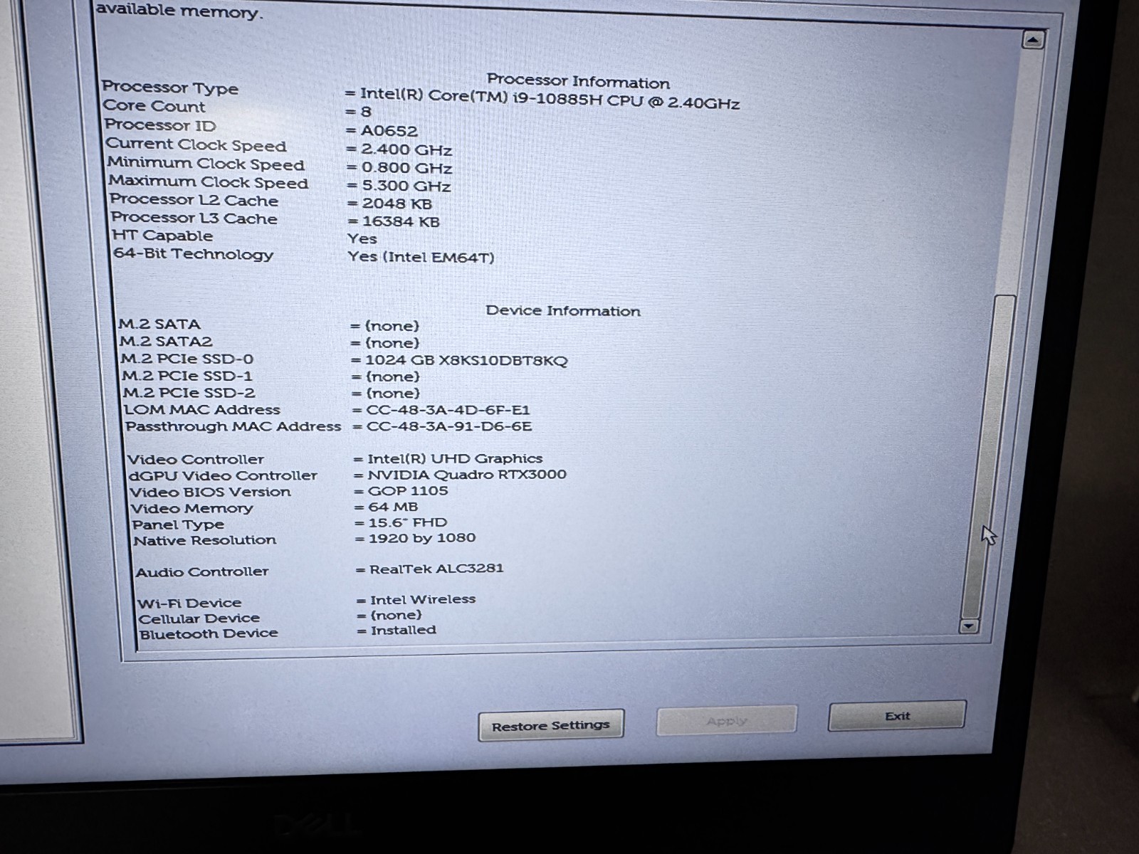 Dell Precision 7550 15.6″ Laptop i9-10885H 32GB 1TB Nvidia RTX3000 Windows 11