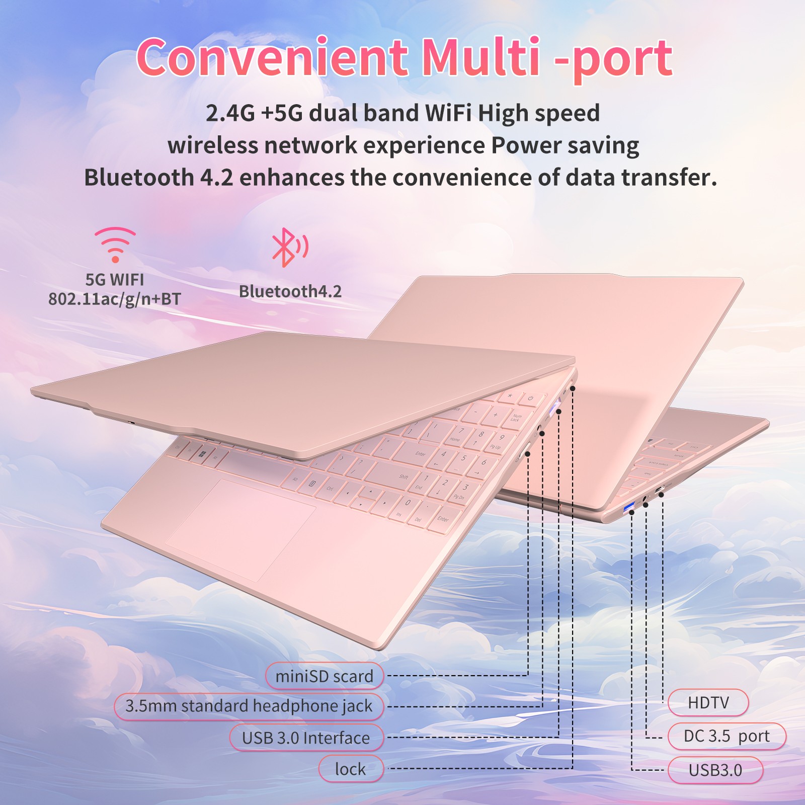 Ultra Slim 14.1inch Pink Laptop N5095 8GB DDR4 256GB SSD Portable Student Laptop