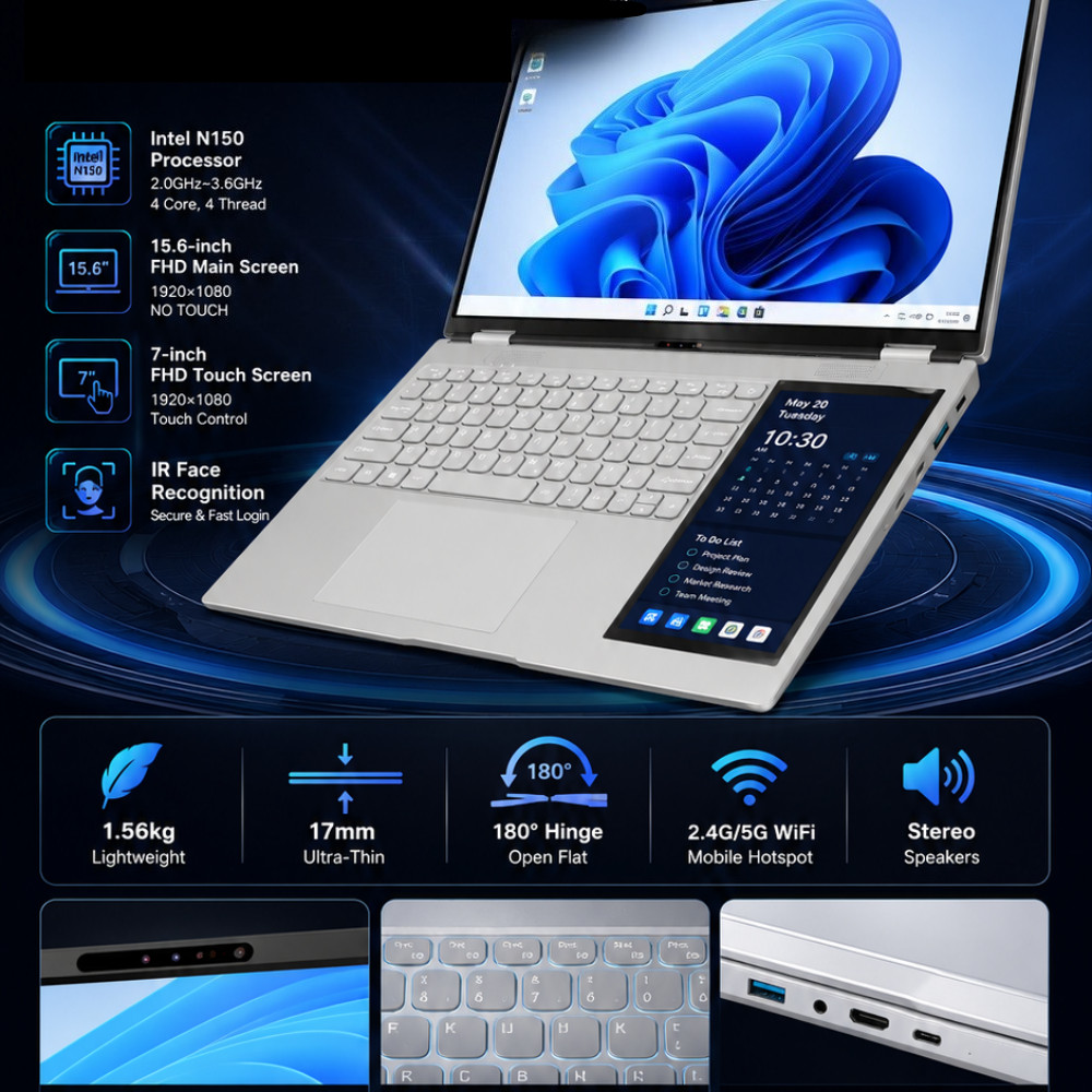 Double Touch 15.6”+7” Screen Laptop Computer 2.9GHz 16GB RAM 2TB Windows 11sz