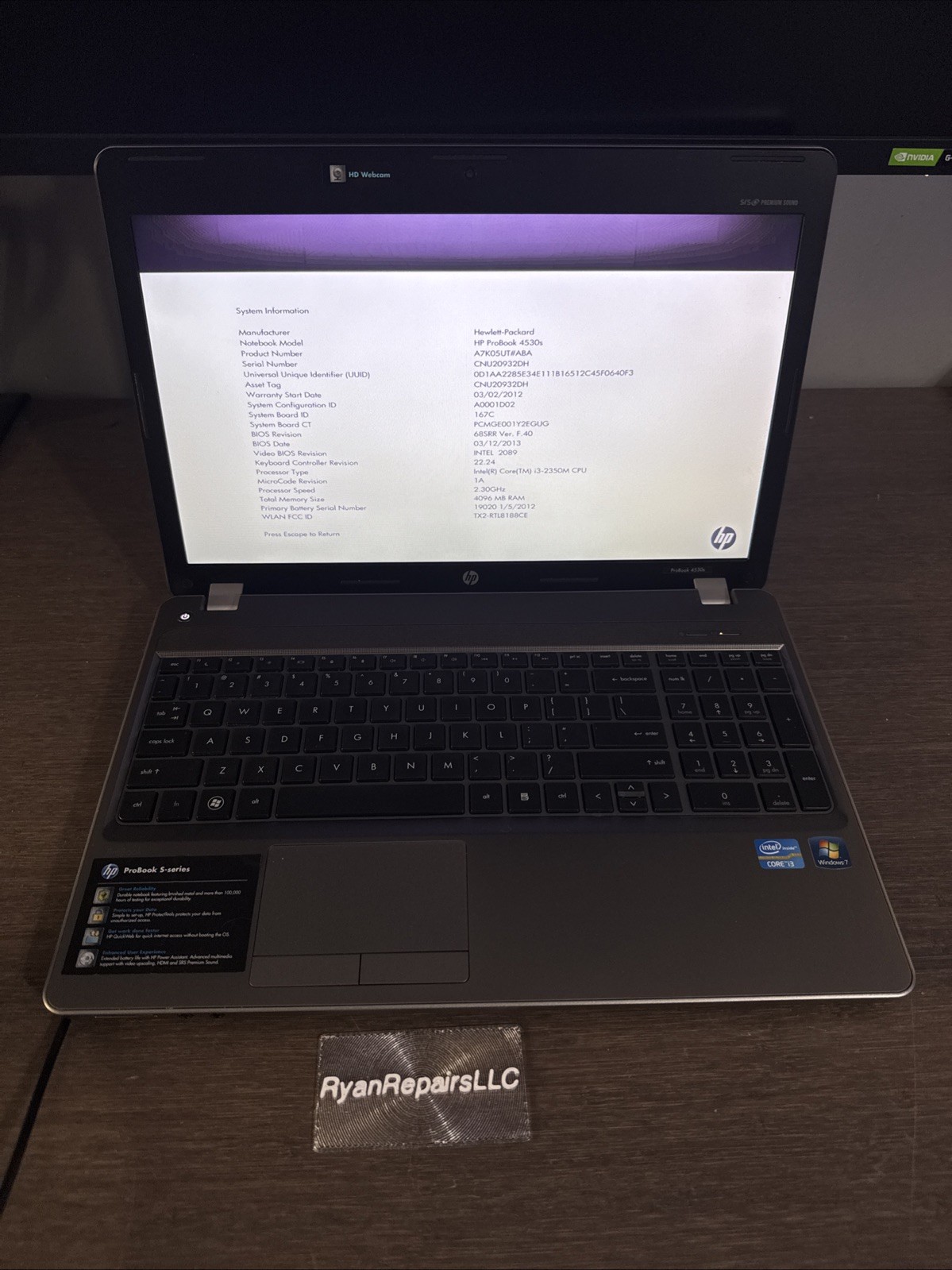 HP ProBook 4530S Intel Core i3 4gb Ram NO HDD