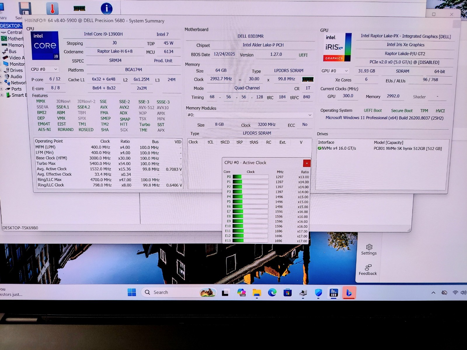 DELL PRECISION 5680 4K OLED I9-13900H 512GB SSD 64GB RAM RTX 2000 Ada WIN 11 PRO