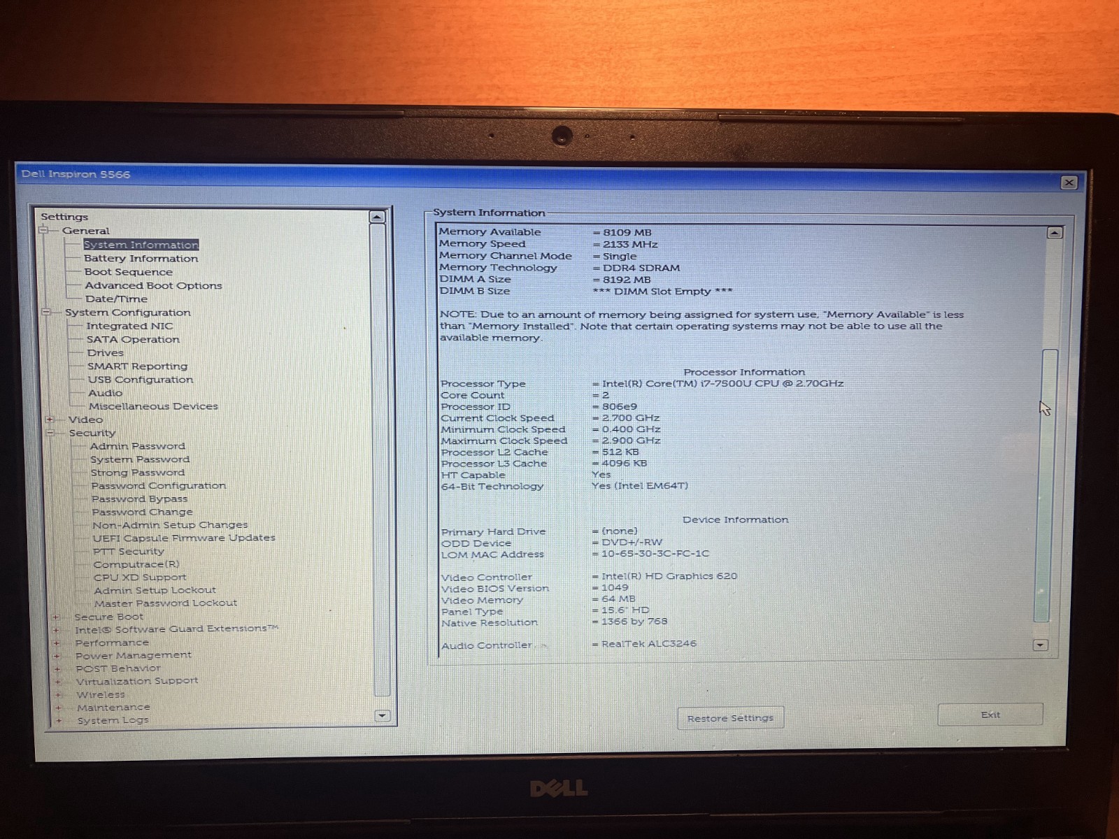 Dell Inspiron 5566 Intel Core i7-7500U 2.7GHz NO HDD, RAM, OS, PARTS ONLY