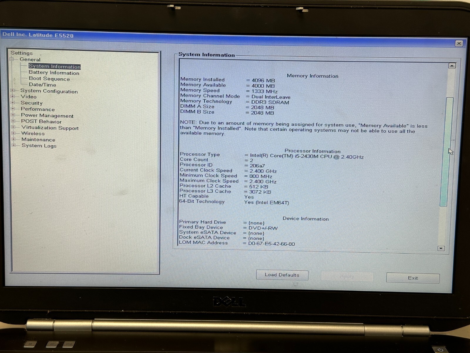 Dell Latitude E5520 i5 2430m, 4GB RAM , NO HARD DRIVE/AC #04