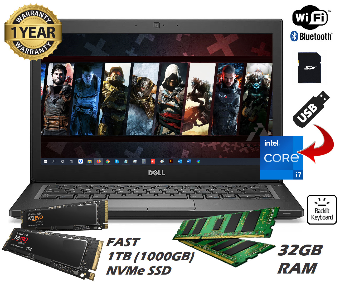 Dell 14″ 7490 Gaming Laptop 32GB RAM 1TB SSD Intel Core i7 4.20GHz Windows 11