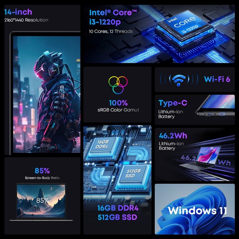 CHUWI CoreBook X 14.1″ Laptop 12th Gen i3-1220P 10C/12T 16GB RAM 512GB NVMe W11