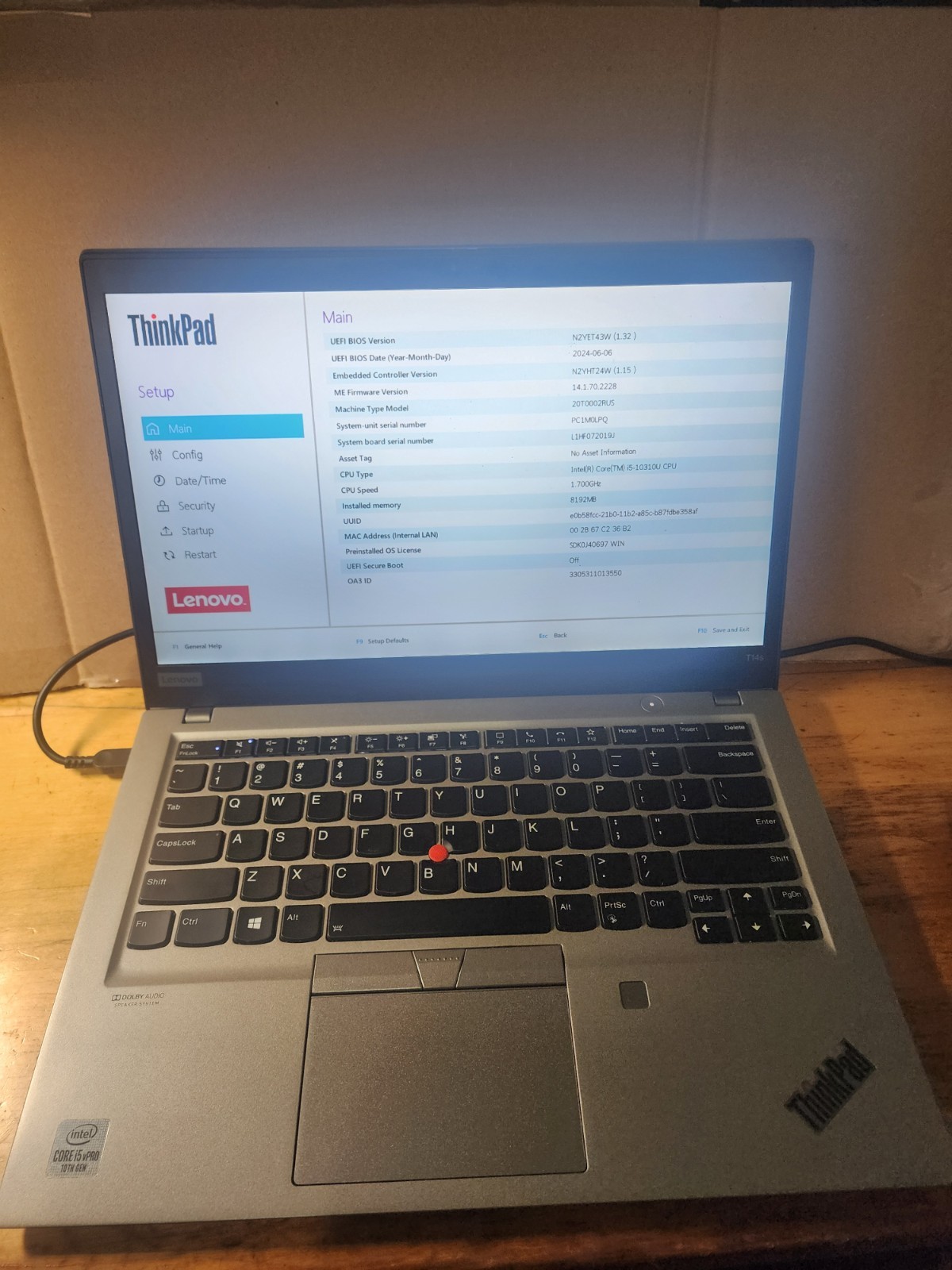 Lenovo ThinkPad T14s Gen 1 Intel i5-10310U 8GB RAM – NO HDD – READ DESCRIPTION