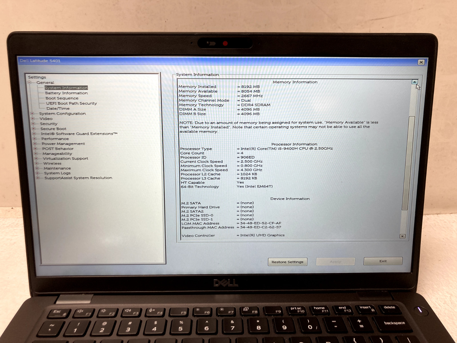 Dell Latitude 5401 14″ Intel i5-9400H @2.50GHz 8GB RAM NO SSD For Parts *READ