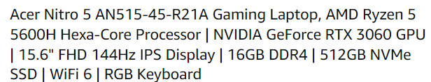 Acer Nitro V 3060 TI great condition Charger As well CPU 5600 RYZEN :D