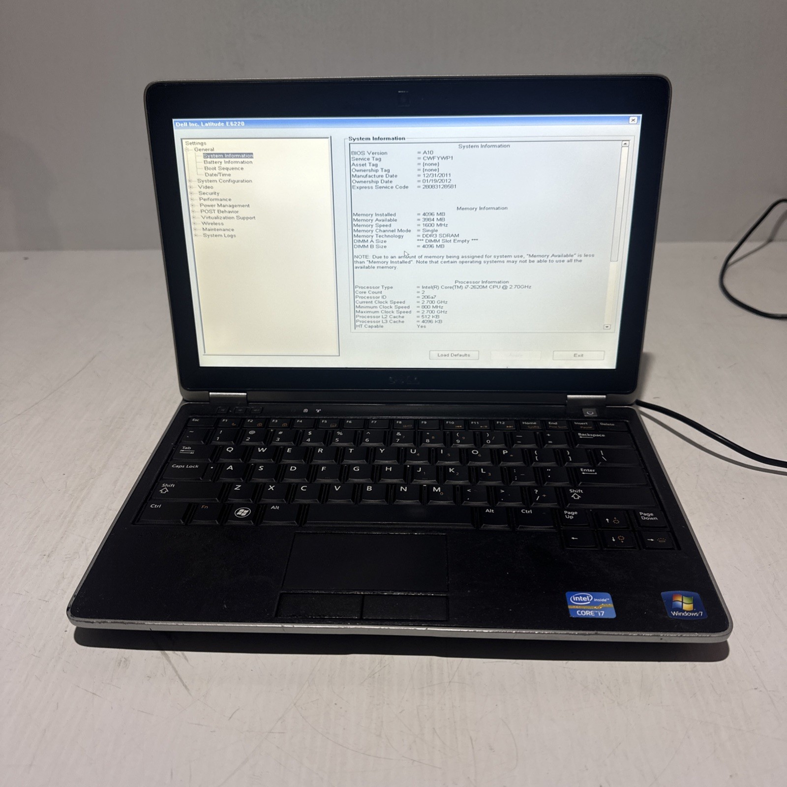 Dell Latitude E6220 12″ Laptop i7-2620m 4gb Ram No Drives Boots Bios No P/S