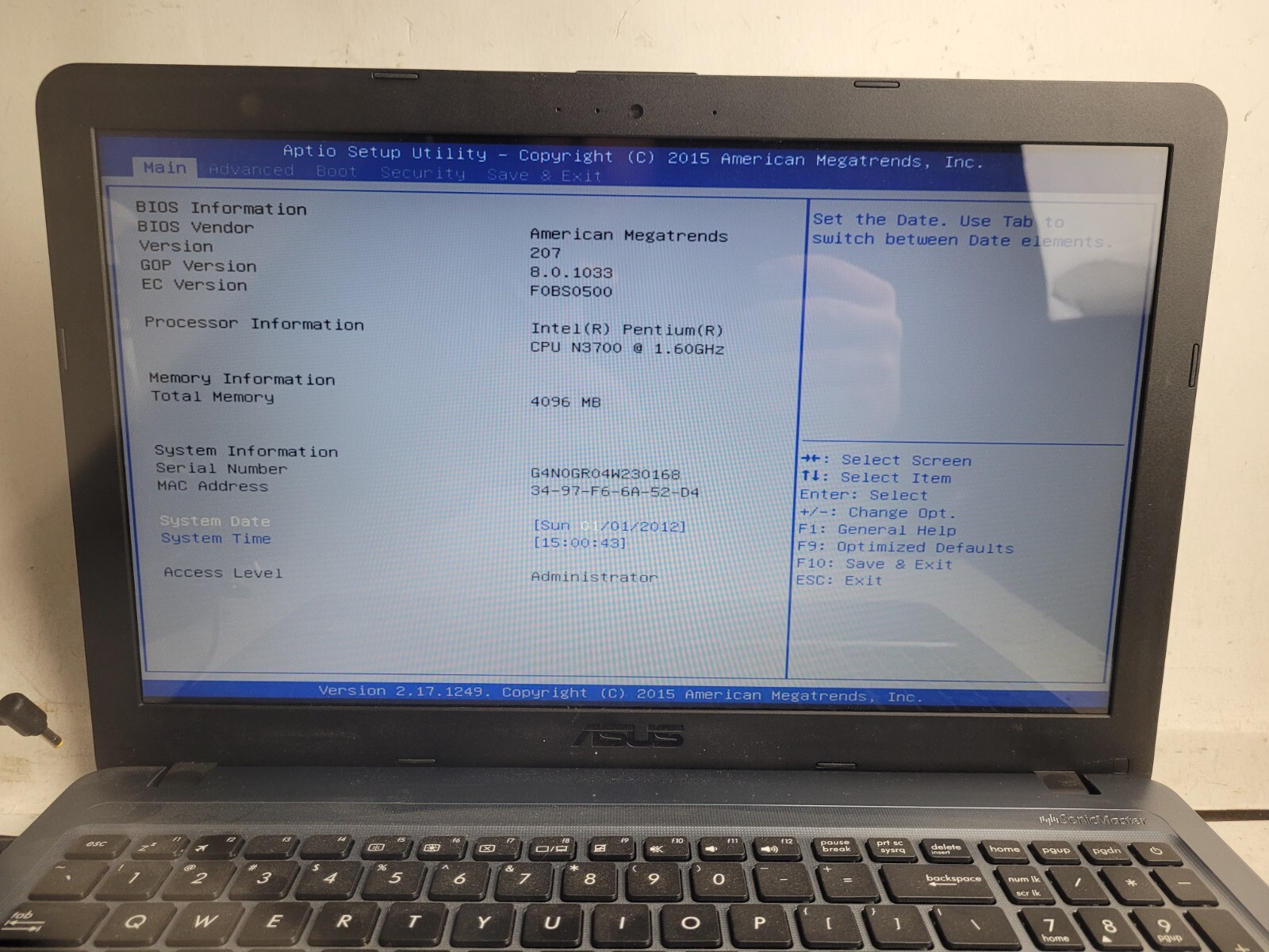 Asus X540S w/Pentium N3700, 4GB RAM, 500GB HDD, 15.6″ Laptop for Parts #1927